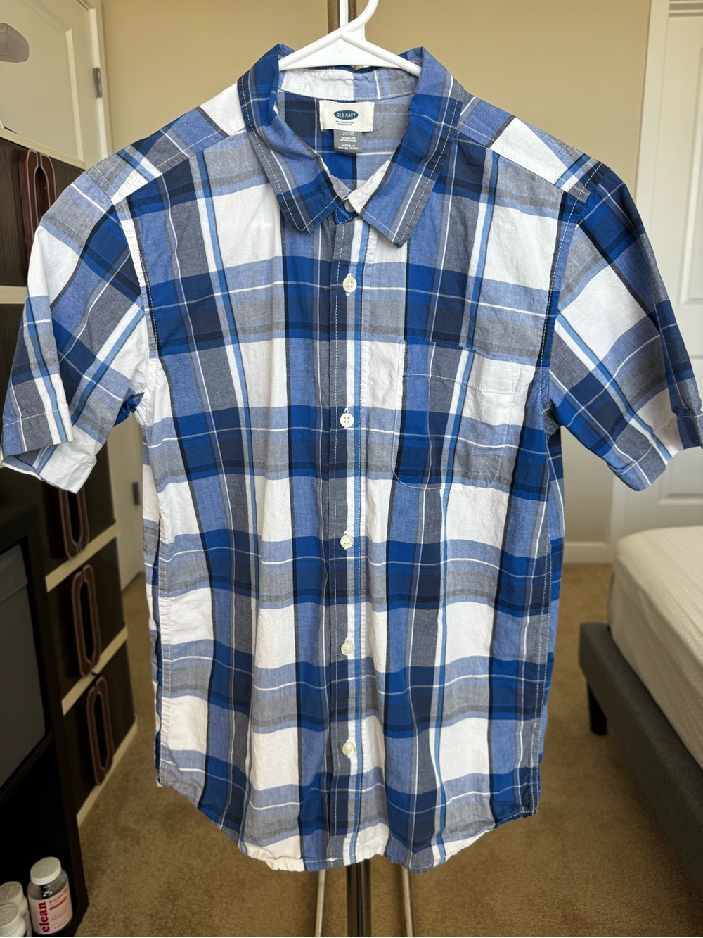 Old Navy Blue White Gray Plaid Short Sleeve Button-Down Shirt